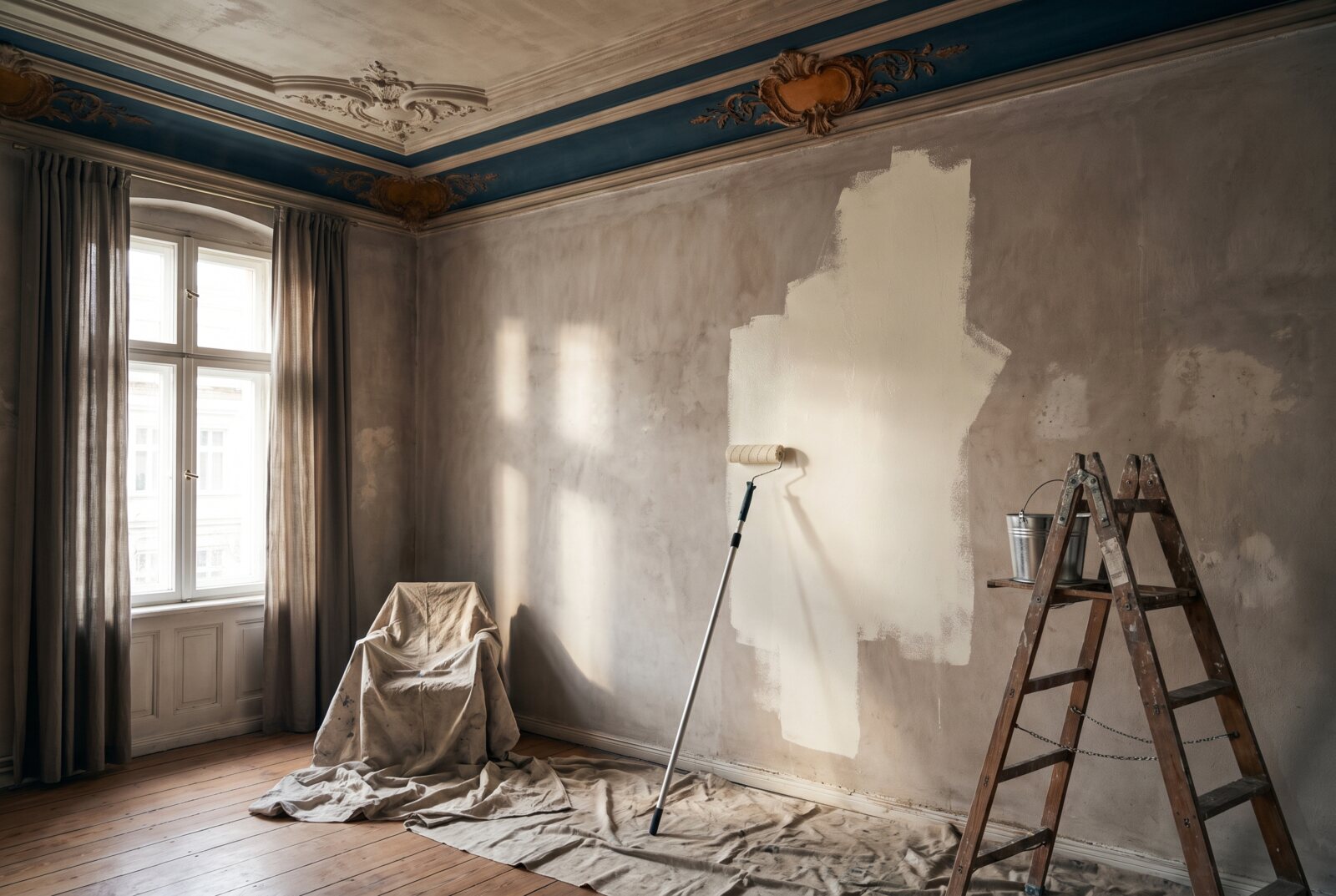 Frisch gestrichene Wand in einem Altbauzimmer mit Malerrolle