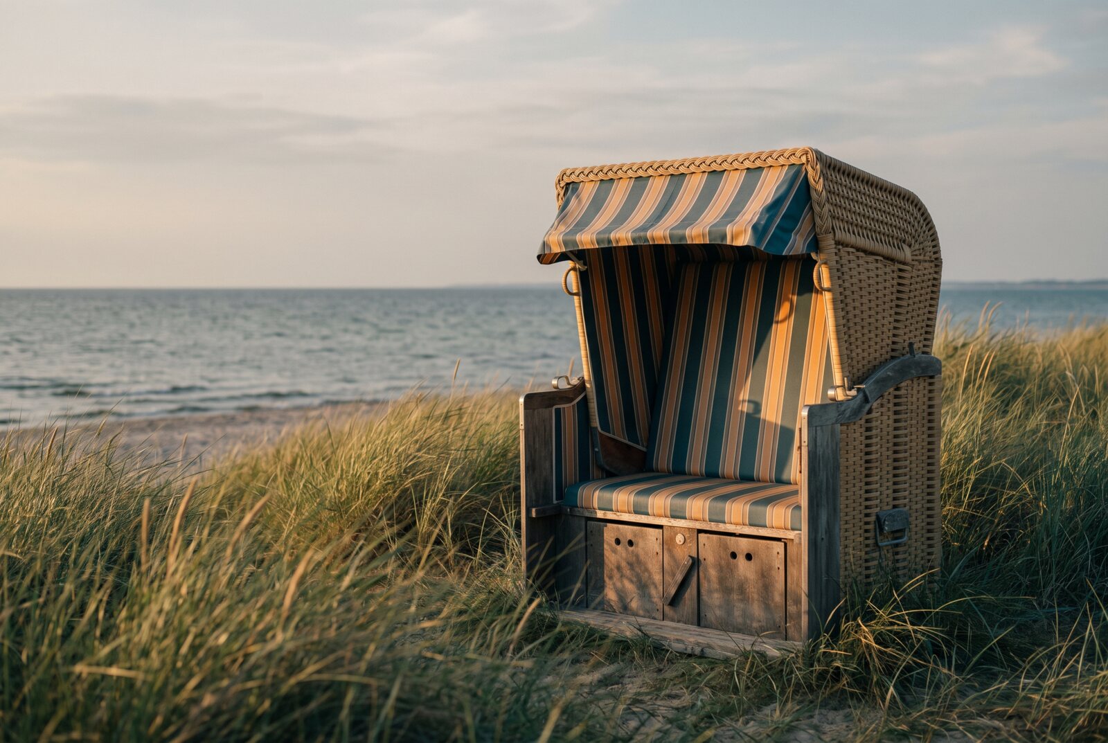 Strandkorb im Dünengras an der Ostsee