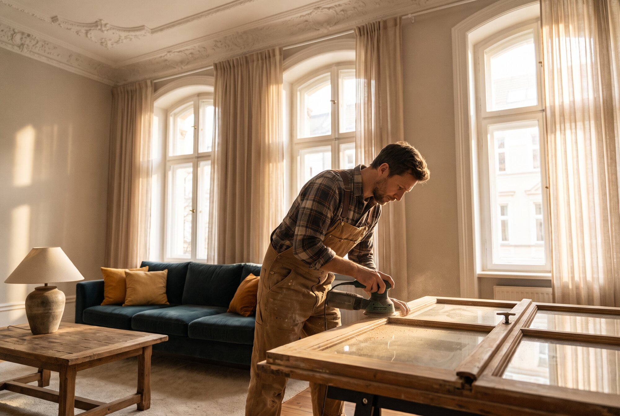 Handwerker arbeitet an einem Holzfenster in einer hellen Altbauwohnung